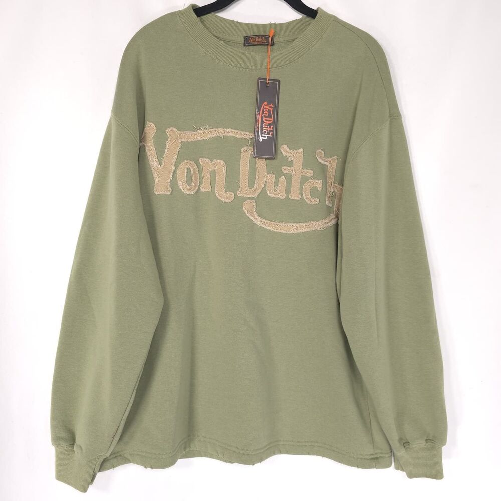 VON DUTCH Men's New MEDIUM Sweatshirt Distressed Oversized Green Crew Sweater